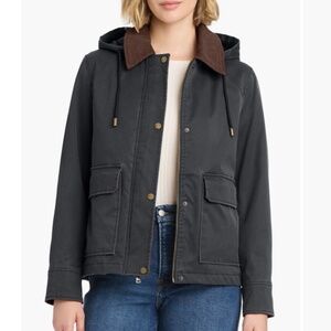 NWT Sanctuary Waxed Barn Coat Raincoat L Removable Hood Corduroy Collar Jacket